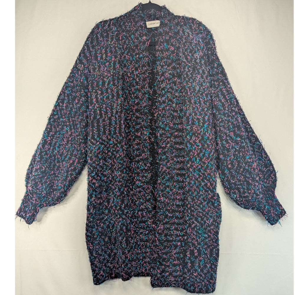 Couture Lady Black Multi Color Boucle Fuzzy Knit Open Front Cardigan Sweater 2X